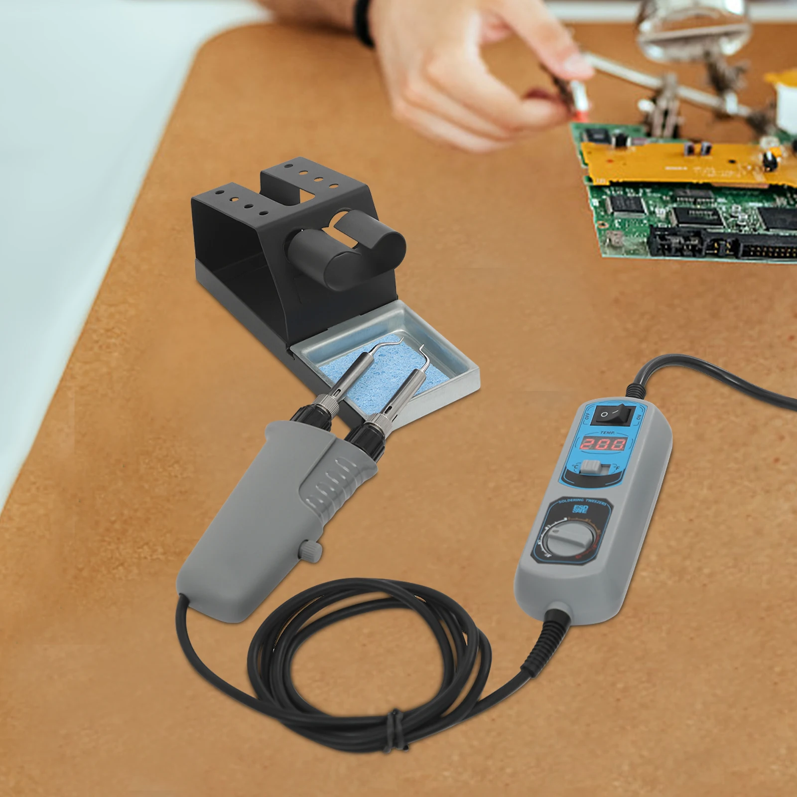 

110V Plastic Digital Display Soldering Iron Kit, Grey Black 938D Heating 2×Ceramic Cores for Manufacturing Assembly Lines