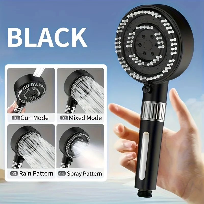 

High Pressure Shower Head Set Handheld Large Water Flow Spray Adjustable 4 Jet Modes Shower Head with Filter Bathroom Accessorie