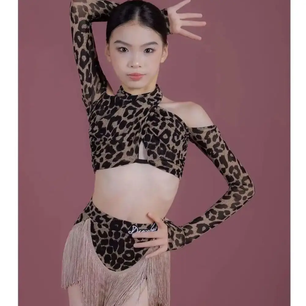 라인댄스 의상 무대 의상 세트 레오파드 라틴댄스 프린지 스커트 라틴댄스 트레이닝 긴팔 상의