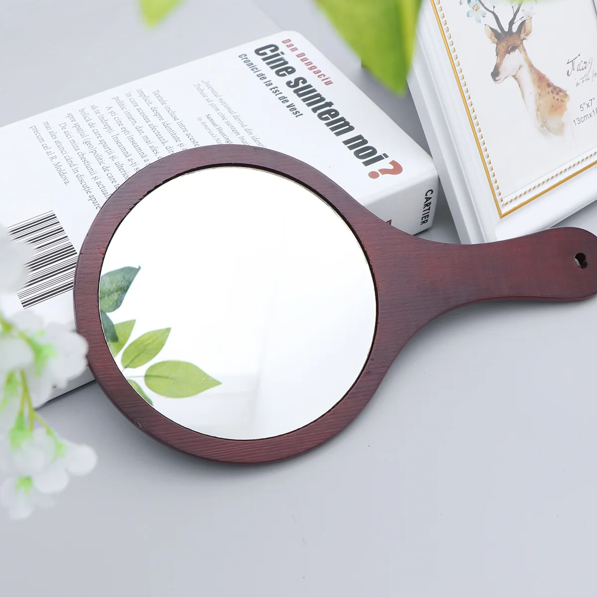 1 قطعة مرآة ماكياج المحمولة إطار خشبي يده مرآة معلقة على الحائط انعكاس واضح كبير للنساء #1