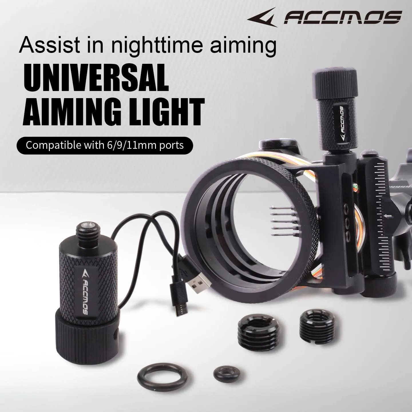 ACCMOS Archery Aiming Light for Bow Sight 3-Level Adjustable Blue Light Compatible 6mm 9mm 11mm Port Rechargeable Long Battery