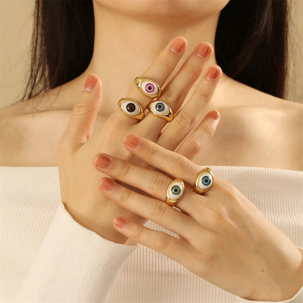 Overlay Copper Gold Plated Demon Eyes Finger Ring Personalized Vintage Resin Eyes Ring Cool Creative Punk Eyeball Ring Hipster