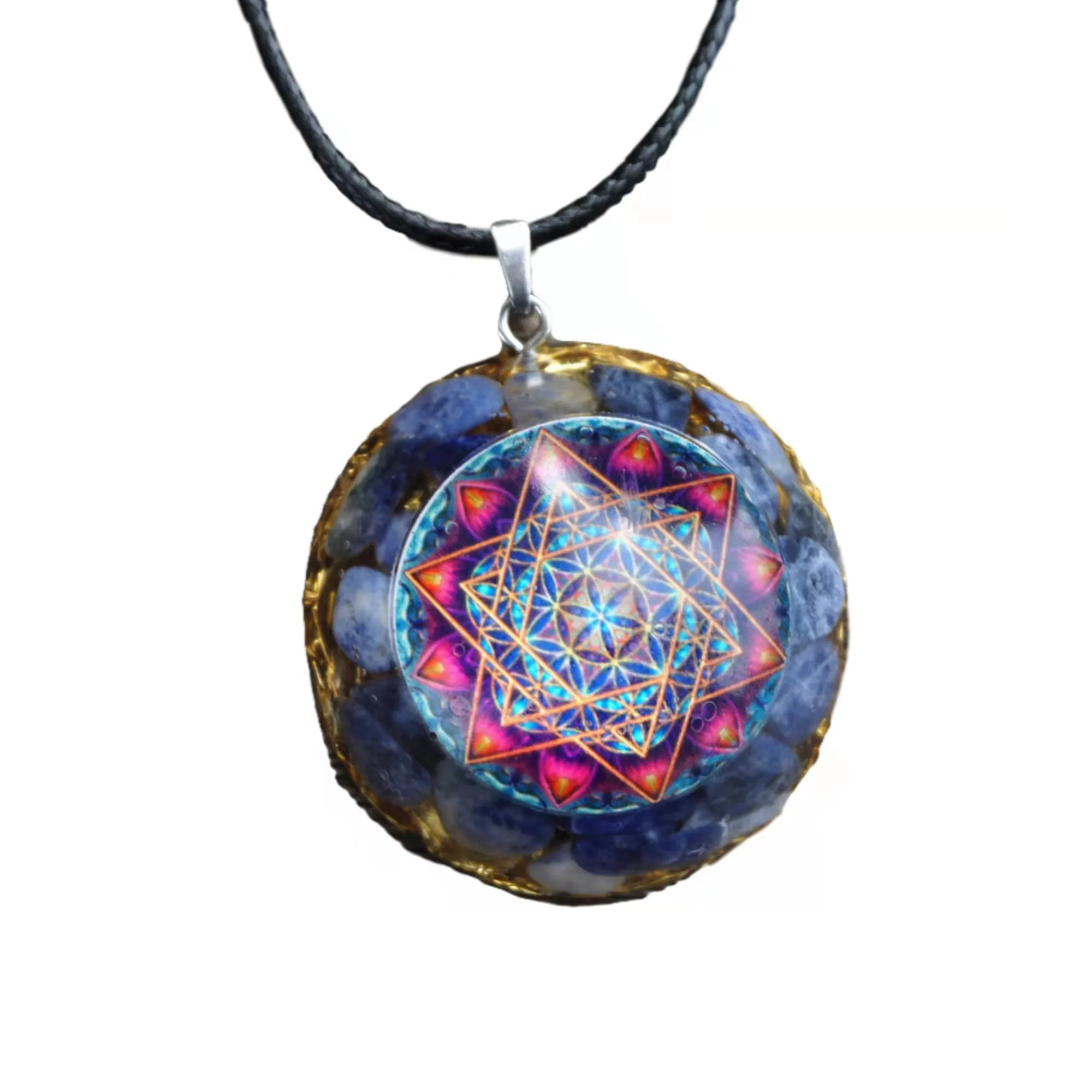 

Orgonite Flower Of Life Pendant ~Sodalite Stone EMF Protection Reiki Meditation Tool Orgone Necklace Jewelry