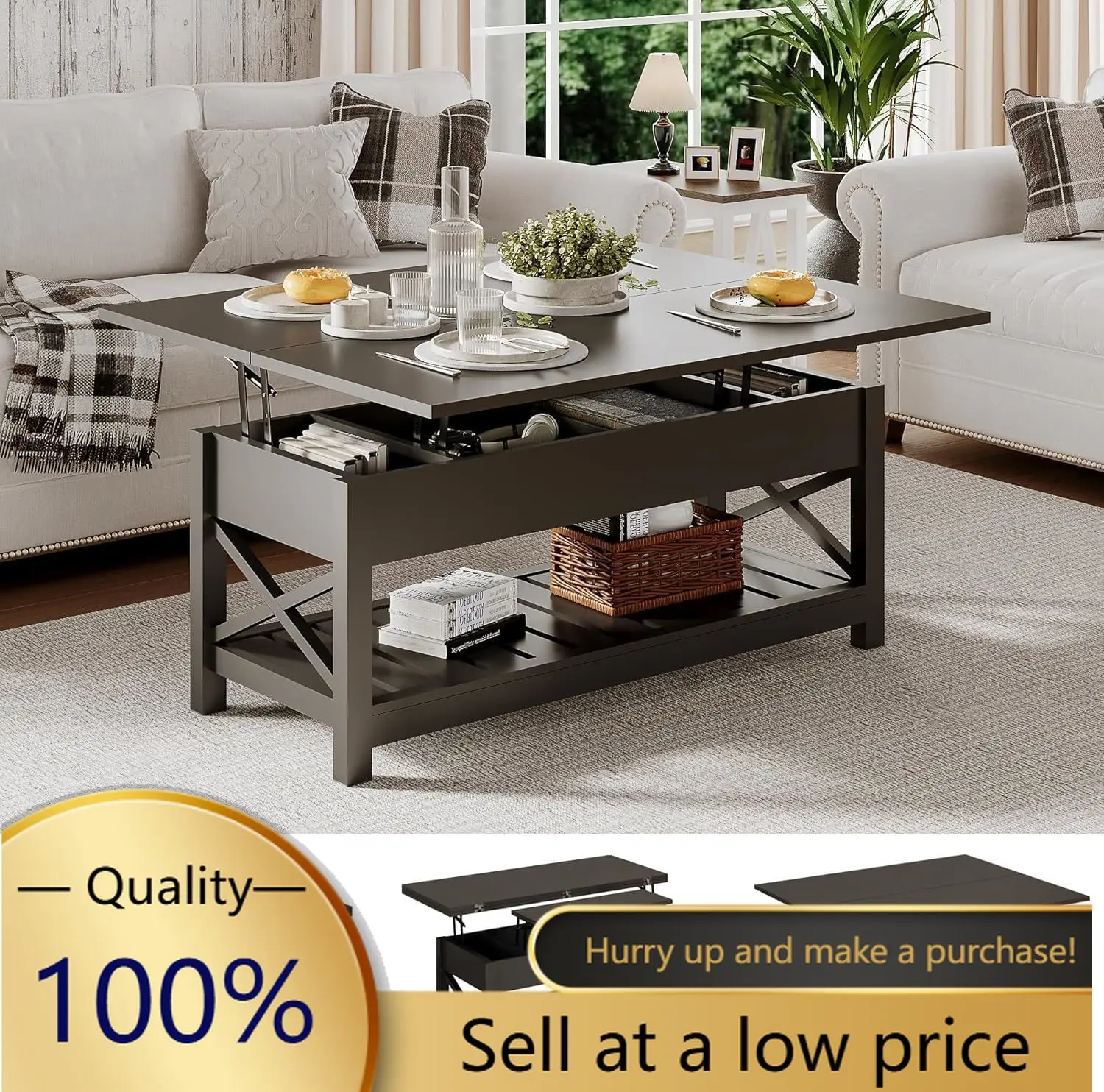 Coffee Table Lift Top, Multi-Function Convertible Coffee Table with Storage and Hidden Compartment, Converts to Dining Table for