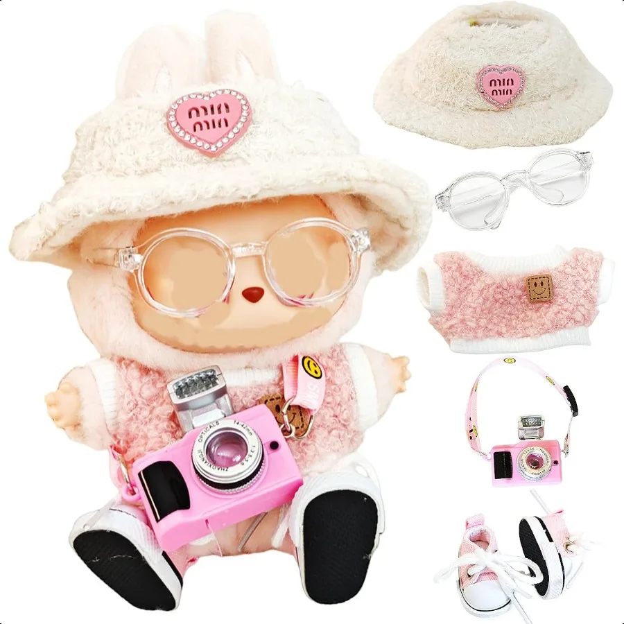 

Clothes for Labubu SevenPiece Set No Doll Including Clothes Hats Pants Shoes Glasses Hairpins Cameras Doll Accories (Pink Camer