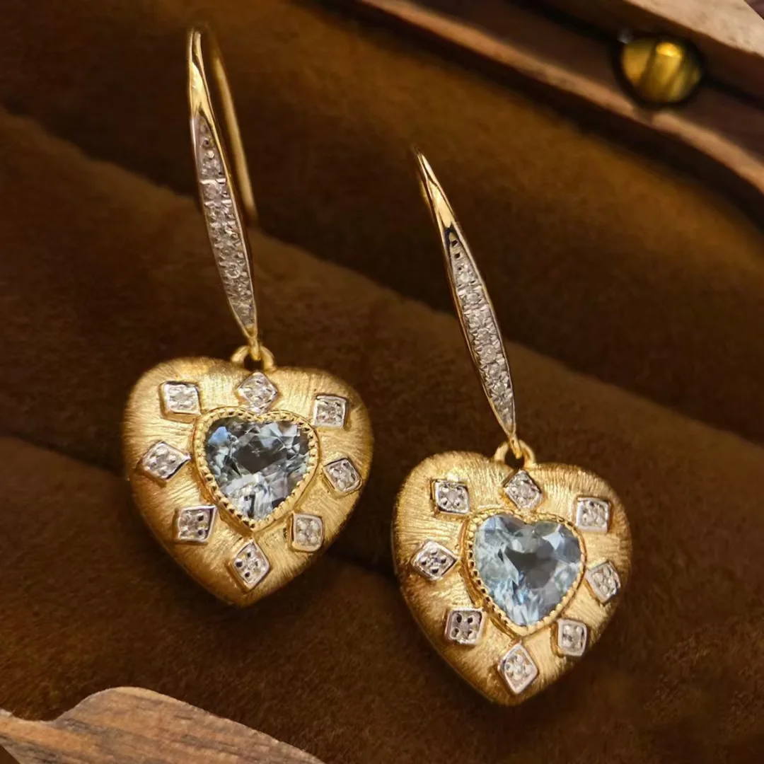 

2025 Fashion Trendy 925 Silver Natural Aquamarine Dangles Hook Earrings European Court Style Vintage 18K Gold Vermeil Jewelry