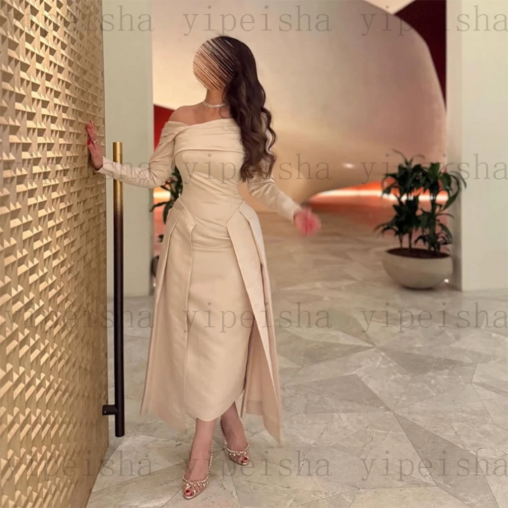 Vestidos de Noche personalizados con cuello en V, manga larga, sencillo, recto, largo hasta el té, sin espalda, vestido de fiesta largo plisado moderno