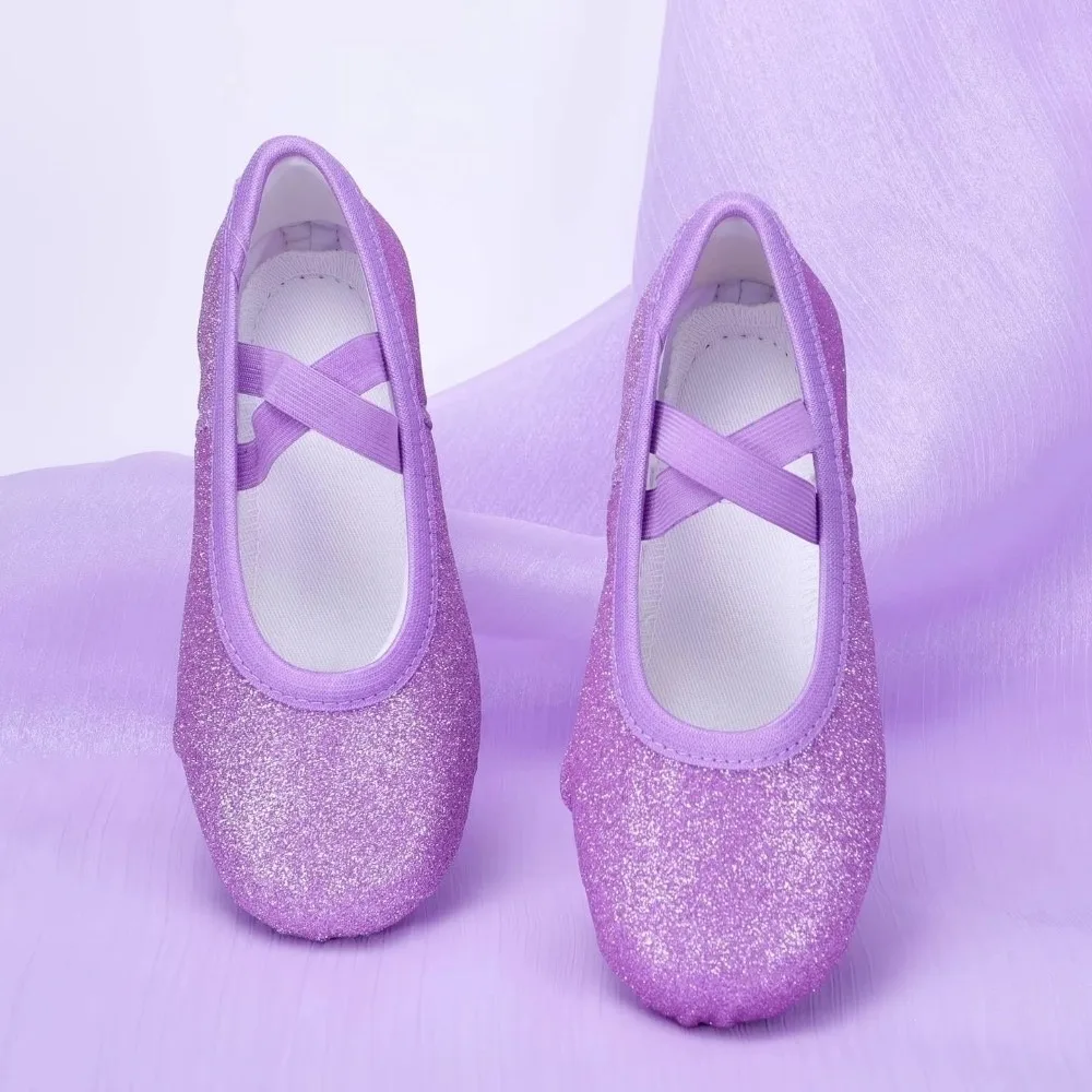 Purple Glitter Ballet Dance Shoes Soft Fabric Flat Sole Flat Slippers Slip-On Style Lightweight Design Yoga Gym Shoes