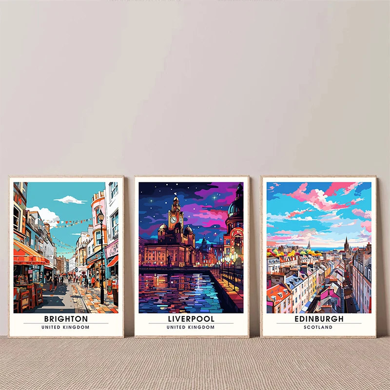 Bath Brighton Liverpool Manchester Travel Posters Canvas Painting City View Wall Art Pictures Living Room Home Decor Gift Ideas