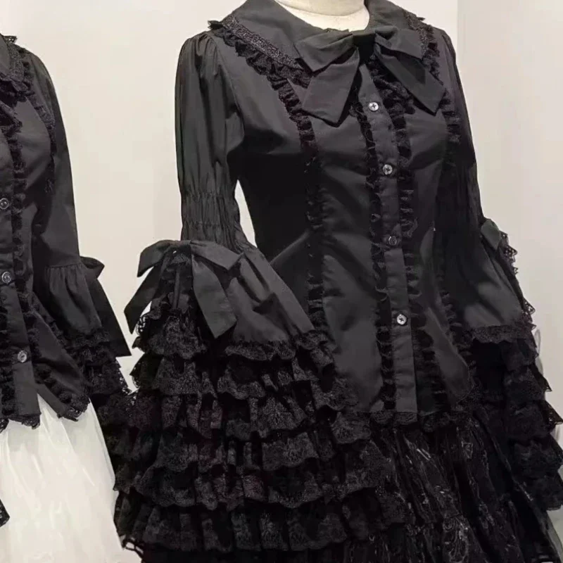 خمر لوليتا نمط قمصان النساء القوطية Y2k القوس الدانتيل كشكش مضيئة كم طويل بلوزة اليابانية الحلو أنيقة لطيف القمم