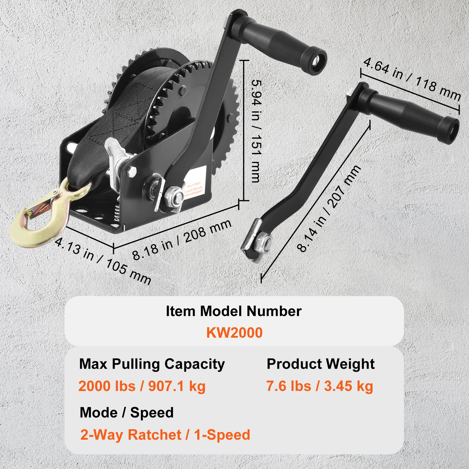 SucceBuy Handlier Boottrailerlier Zwaar uitgevoerde touwslinger Polyester riem en tweewegratel Handmatig bediende handslingerlier