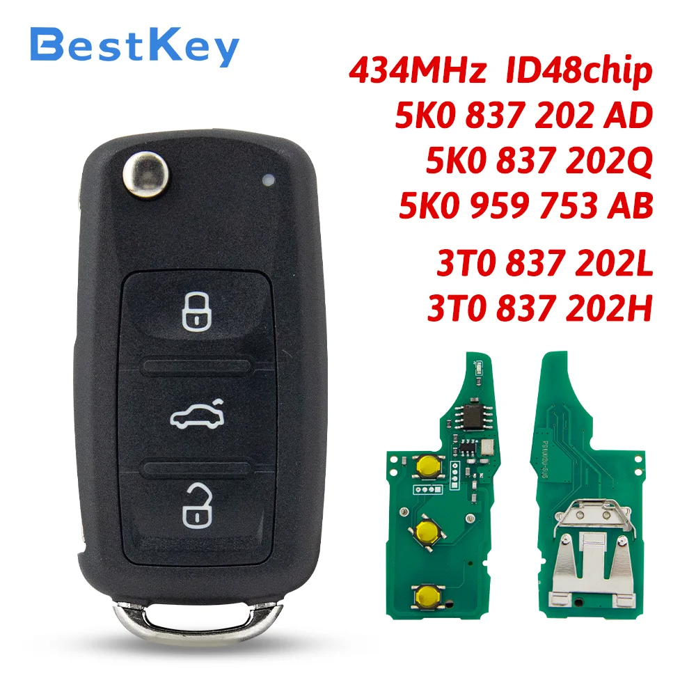 Best Key Workshop Complete Remote Key HU66 Blade 434MHz ID48 Chip PN 5K0959753AB 5K0837202AD Stable Fob For 2012 VW Skoda