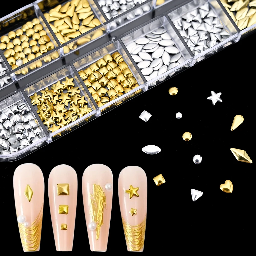 12grids Gold/Silver Metal Rivet Nail Charms Heart/Star/Rhombus/Round Shapes Mixed Alloy Studs  Nail Art Decorations Manicure Diy