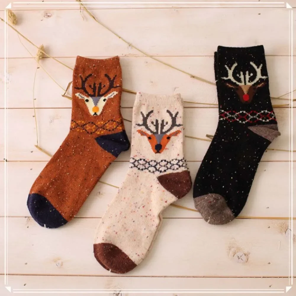 3 pairs lot pack women socks winter cartoon animal elk deer thick warm tweed yarn soft comfortable wool socks