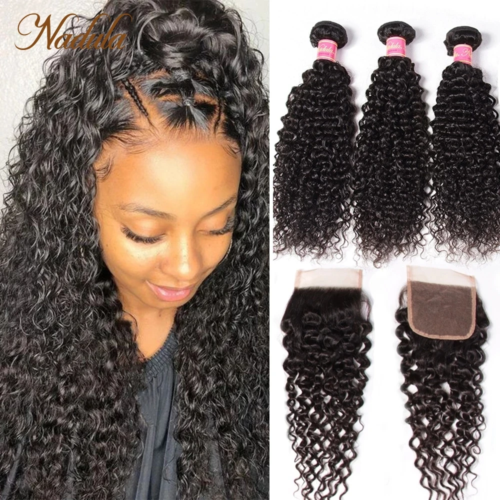 

Nadula Hair Bundles and Closure Indian Curly Human Hair Weaves 3 Bundles With 4*4 Lace Closure Free/Middle/Three Part Remy Hair