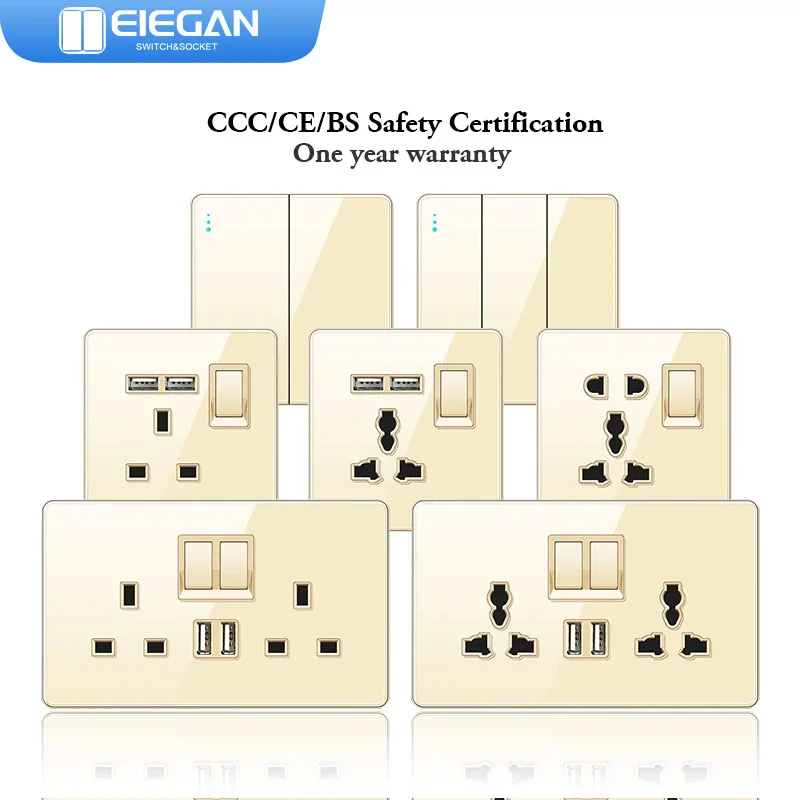 

ELEGAN UN UK Socket Gold 16A/20A/45A Full Glass Wall Switch USB type-c Tempered Crystal Panel Electrical Outlet Home Improvement