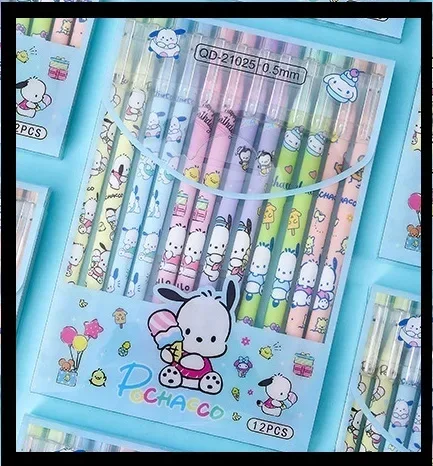 12Pcs/Set Sanrio Cute Erasable Neutral Pen Pochacco mymelody Kuromi Cinnamoroll 0.5mm Gel Pens Washable handle School Supplies