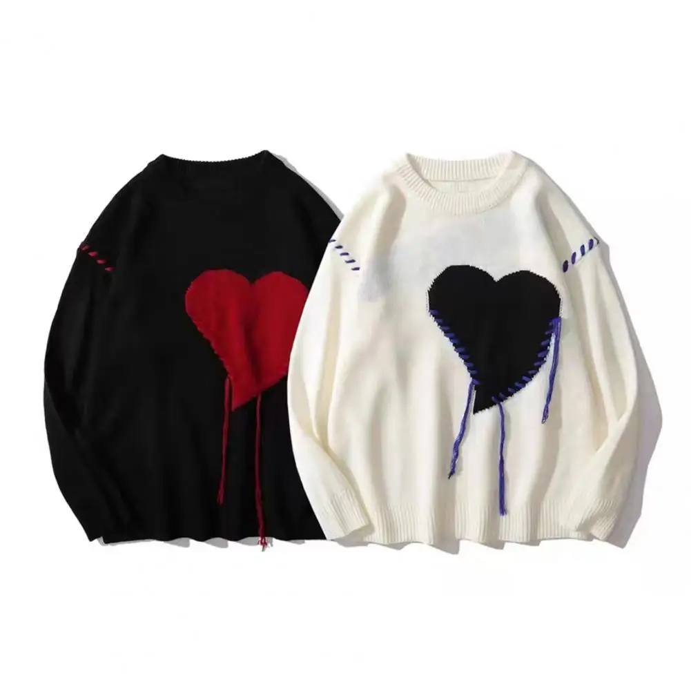 Modern Crochet Decoration Sweater Cozy Heart Sweater for Fall Winter Unisex Knitted Pullover with Soft Warmth Color for Couples