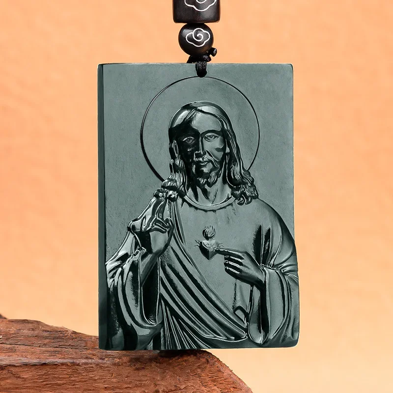 

Natural old material Hotan Black Jade Jesus faith green jadeite pendant Men's Women's charms wholesale drop shipping