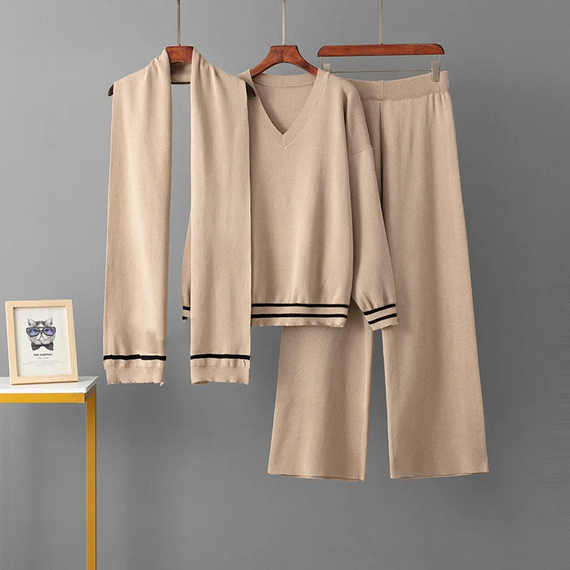

Autumn and Winter Fashion Knitted Three Piece Shawl+V-neck Sweater+loose Casual Wide Leg Pants Set for Women