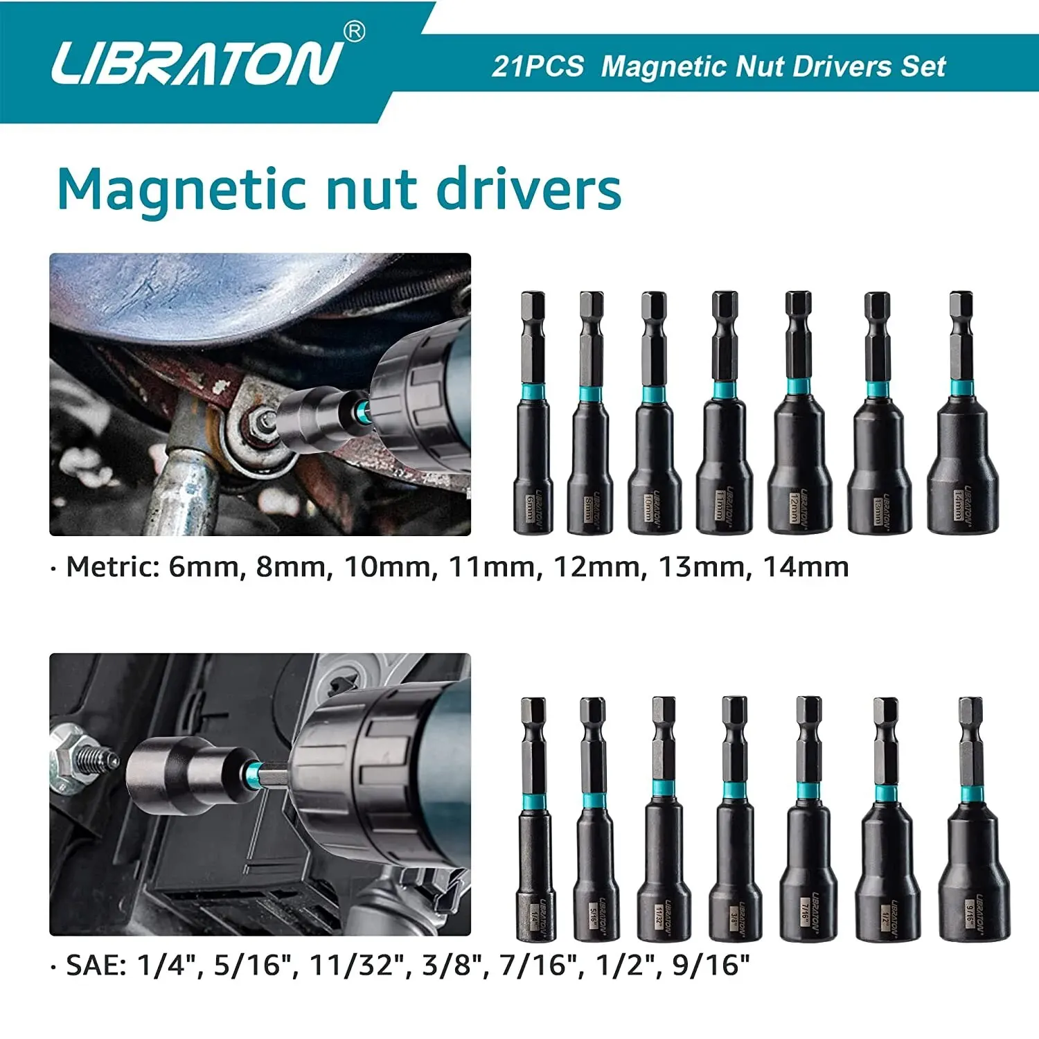 Libraton 21pcs Impact Drill Driver Bit Set, Metric and SAE Nut Driver, Magnetic Nut Driver Set, 1/4