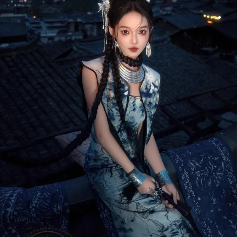 Melhorado longo Qipao elegante desempenho vestido étnico estilo roupas fotográficas