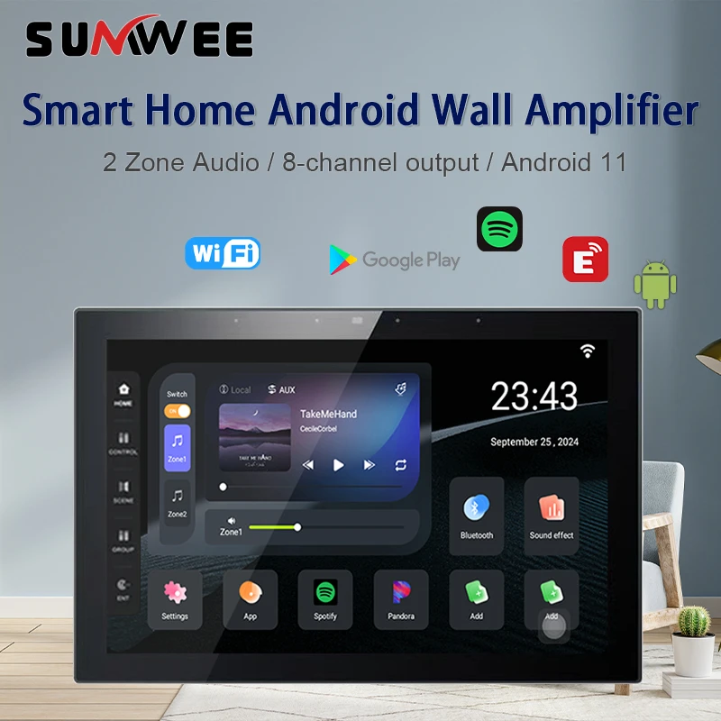 Smart Home 2 zone audio wall amplifier 4 zone sound effect adjust 10 inch touch screen TUYA control panel Android11 music system