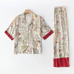 Elegant Viscose Pajama Set Women Short/Long Sleeve Bird Print Pjs Silky Soft Loungewear for Gifting Luxury Silky Satin 2 Piece