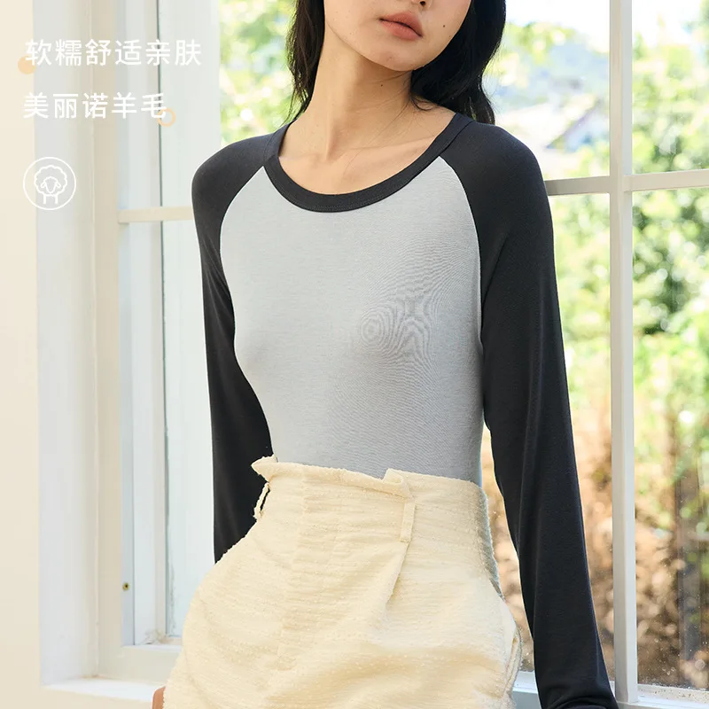 Abbigliamento da donna Anali primaverili e autunnali Versione sottile Strato base Blocco colore Maniche lunghe Top Girocollo Maglieria