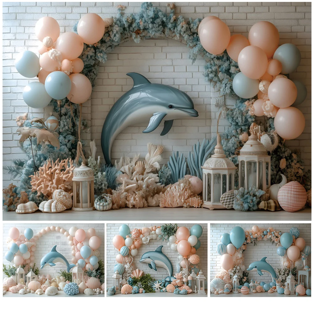 

Newborn 1st Birthday Backdrop Balloon Whale Dolphin Starfish Shell Coral Pearl Princess Baby Shower Photography Background Decor