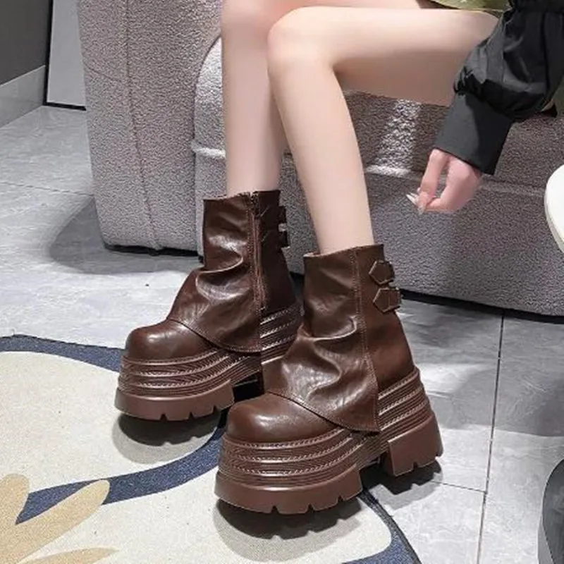 

2026 New 10CM Soft Leather Ankle Mid Calf Boots Winter Autumn High Platform Wedge British Booties Ladies Chunky Motorcycle Boots