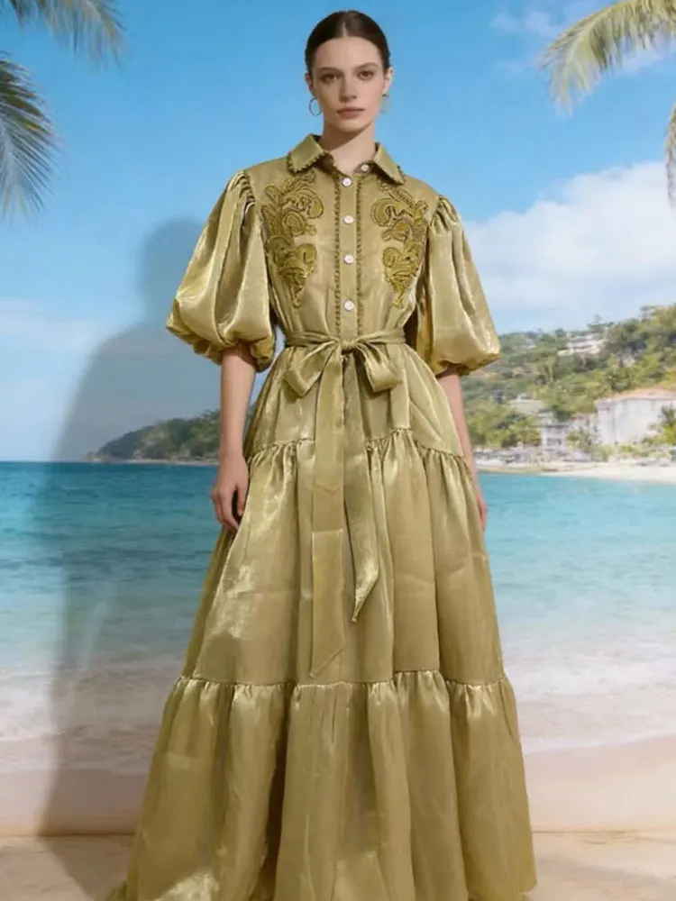 

Fashion lapel single-breasted puff sleeve embroidered loose dress Spring 2026 women's new fashion holiday waist slim big swing d