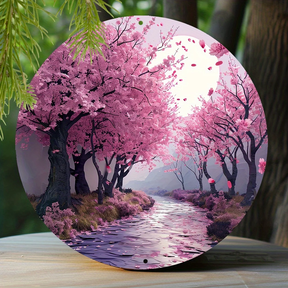 Round Aluminum Sign Faux Cutout Painting Circular Wreath  Bedroom Decoration Women Gifts Cherry Blossom Avenue Theme Decoration