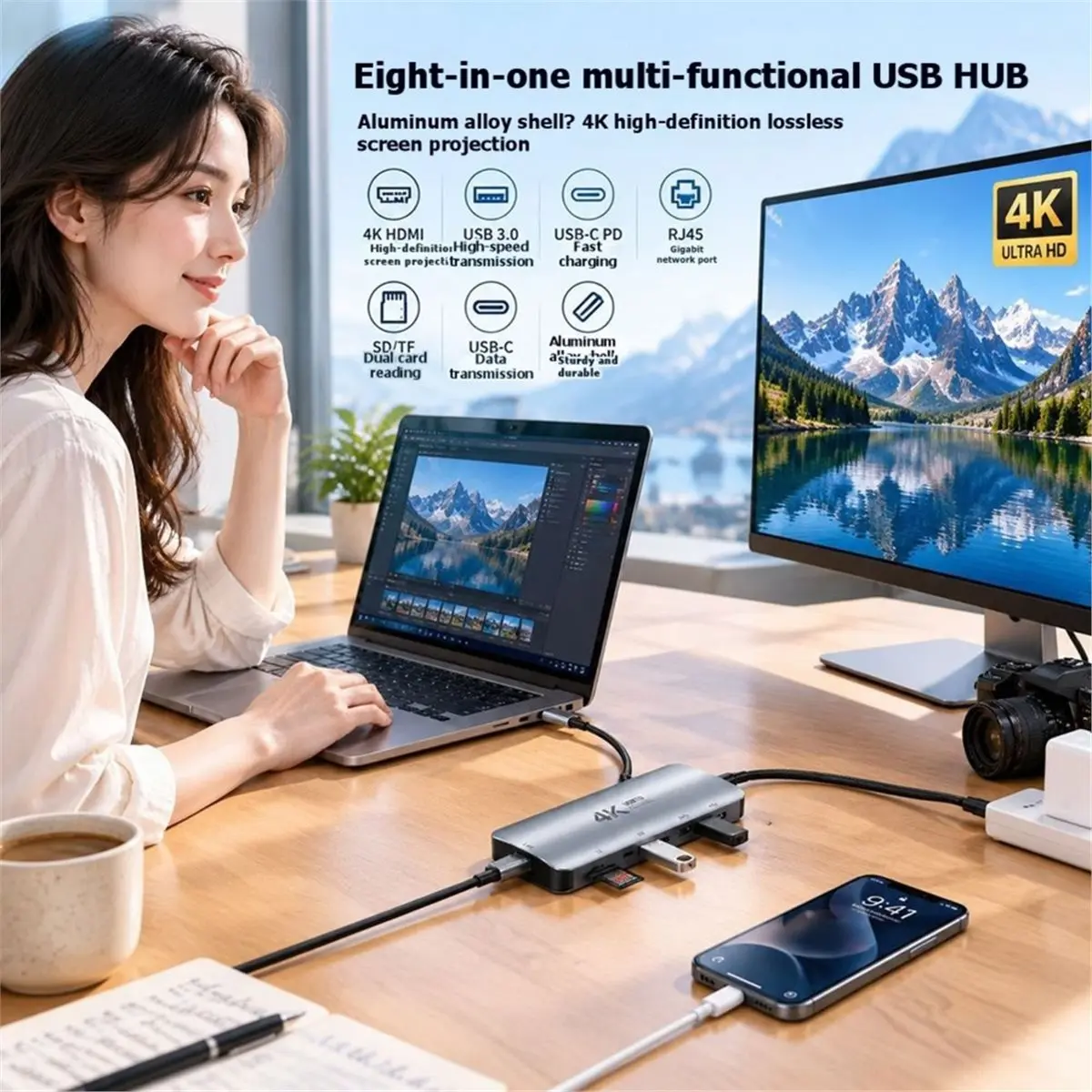 TYPE-C Docking Station, USB-C to USB 3.0 Four-Port 4K Screen Projection, 100Mbps Ethernet, PD Fast Charging