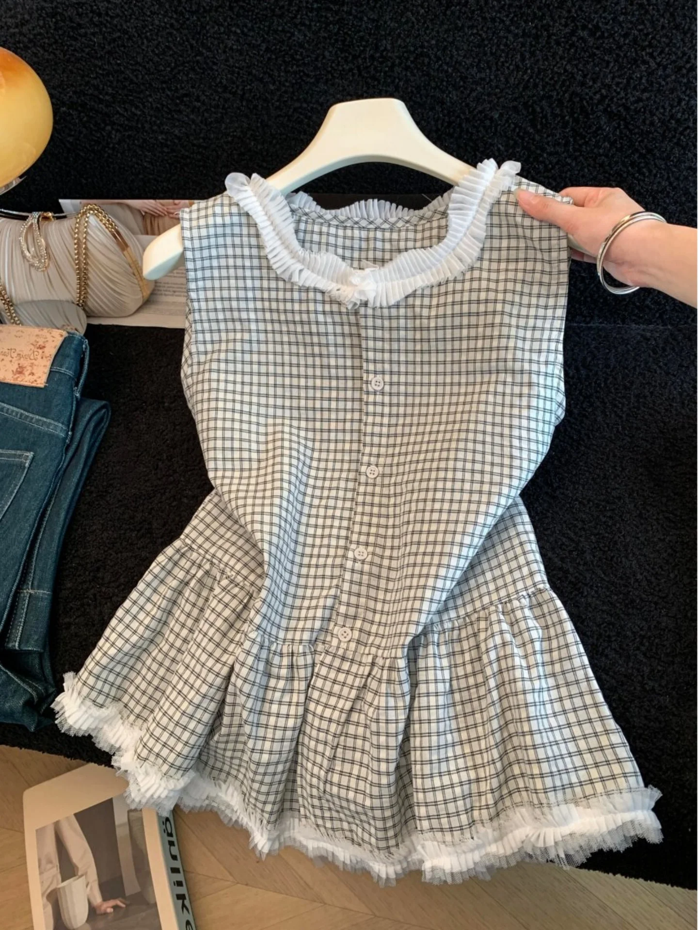 

Sweetened Youthful Korean Style Women's Shirt Summer Floral Lace Sleeveless Cotton Checkered Top Fashionable Versatile Style