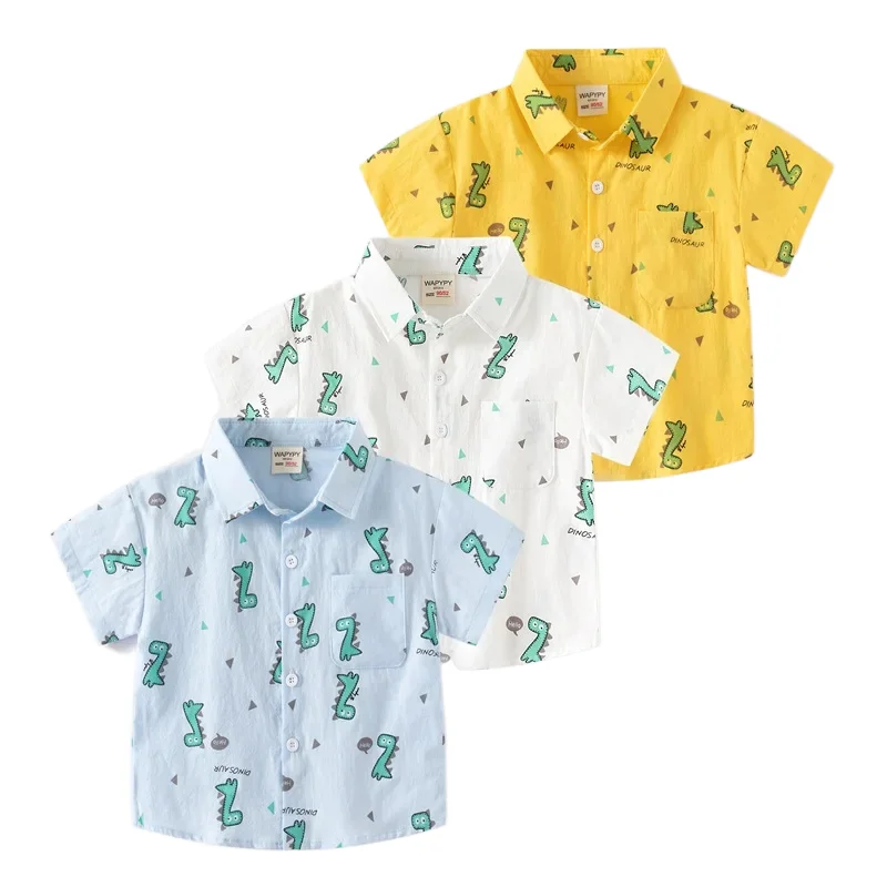 2024 Summer Kids Short Sleeve Shirts Boys' Dinosaur Cartoon Printed Shirt Fashionable Loose Cotton Top, Available for Ages 3-8