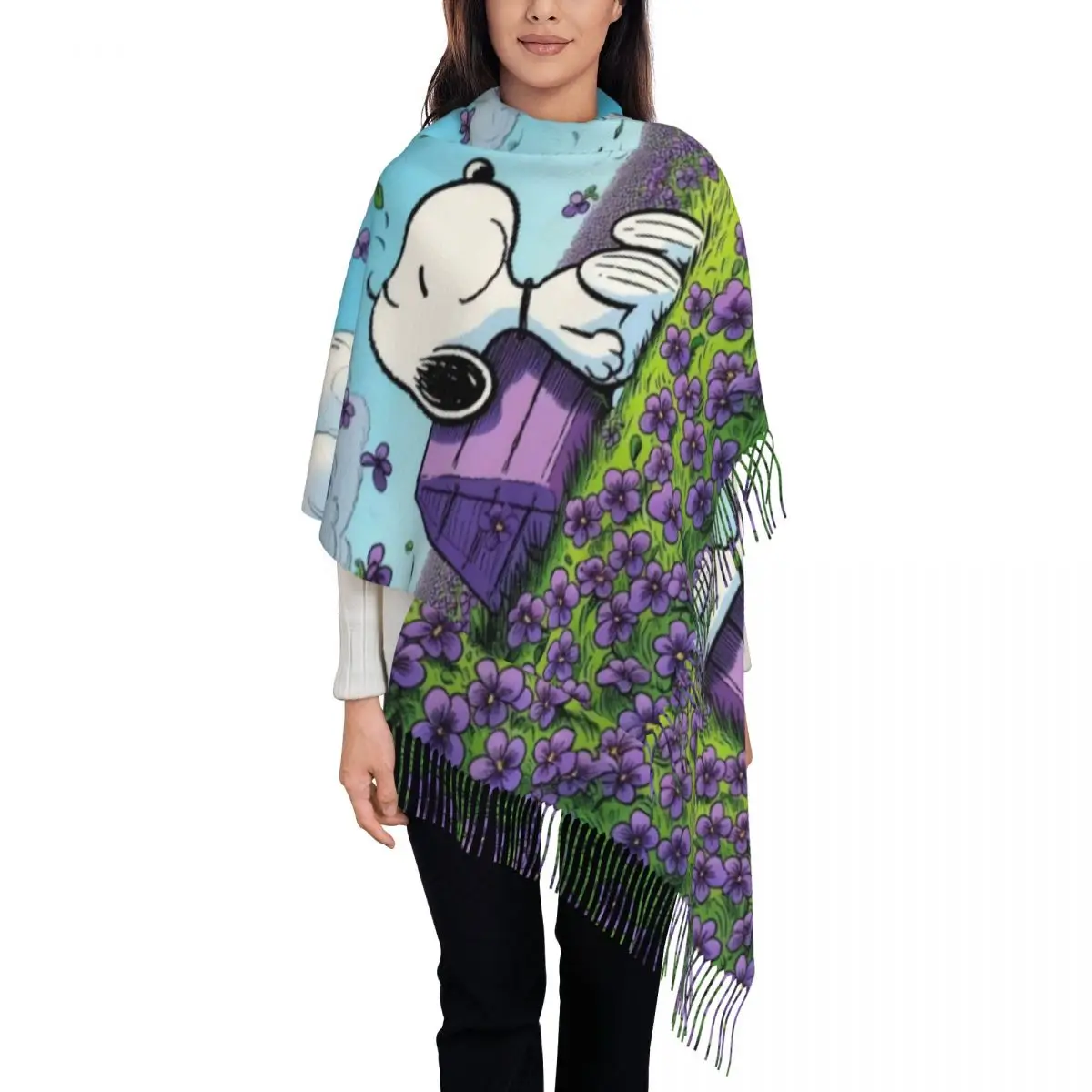 

Custom Cartoon Snoopy Scarf Wrap Women Long Winter Fall Warm Tassel Shawl Unisex Scarves