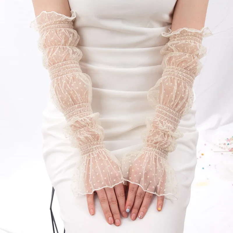 Summer Sexy Beige Lace Sunscreen Sleeves for Women Polka Dot Thin Breathable Mesh Fingerless Gloves Driving Arm Sleeves