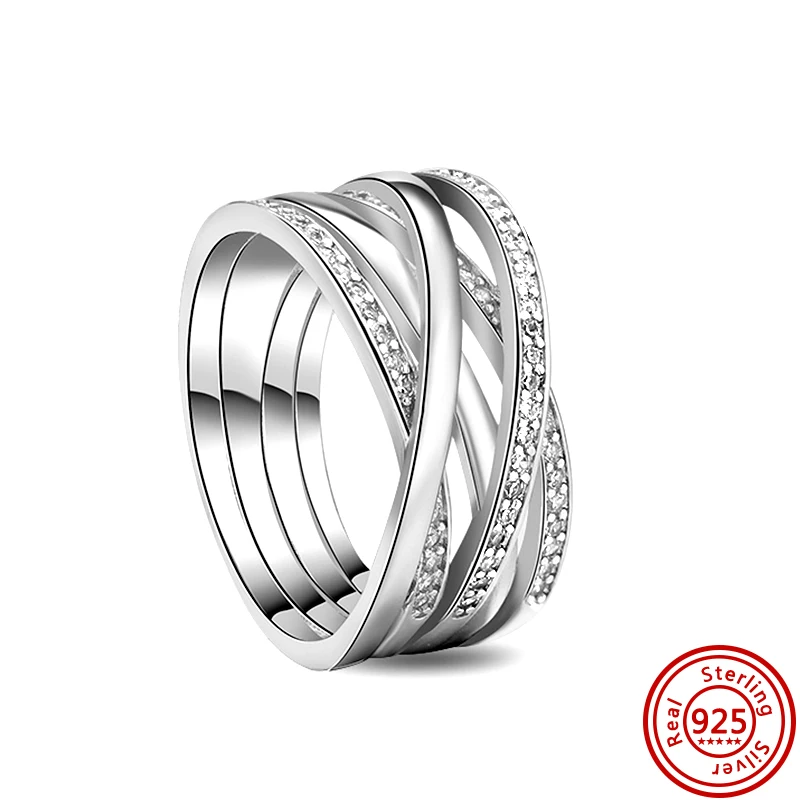 Anillo de plata de ley 100% 925 con forma de corazón radiante, joyería fina de lujo con diseño de onda asimétrica brillante, espoleta pulida, gran