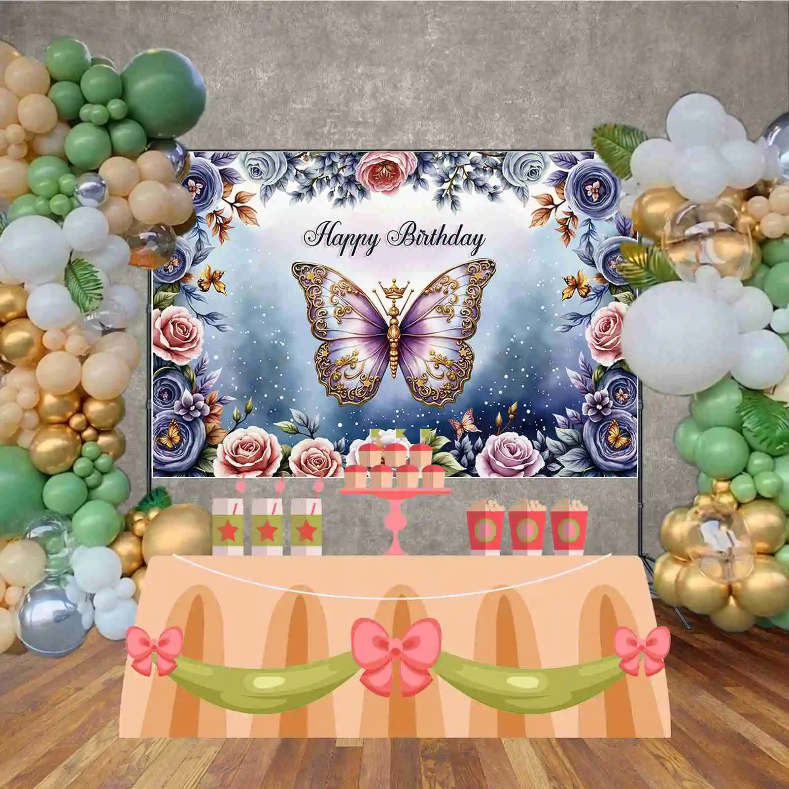 MOON.QG Schmetterling Geburtstag Hintergrund Fotografie Blume Goldene Punkte Märchen Photozone Hintergrund Baby Studio Photobooth Requisiten