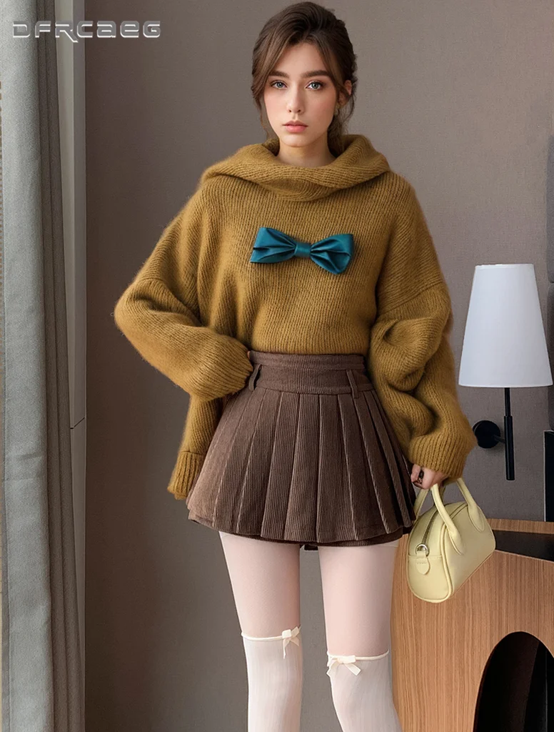 

Preppy Style Vintage Winter Woman Pleated Skirts 2024 High Waist Slim Y2k Corduroy Student Short Skirt Female