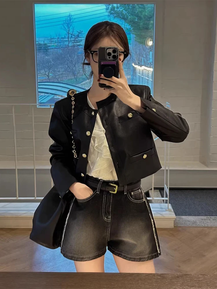 Chaqueta de motocicta estilo BF hoada con cuello redondo retro y doble bolsillo, de cuero PU para mujer, e, noved...