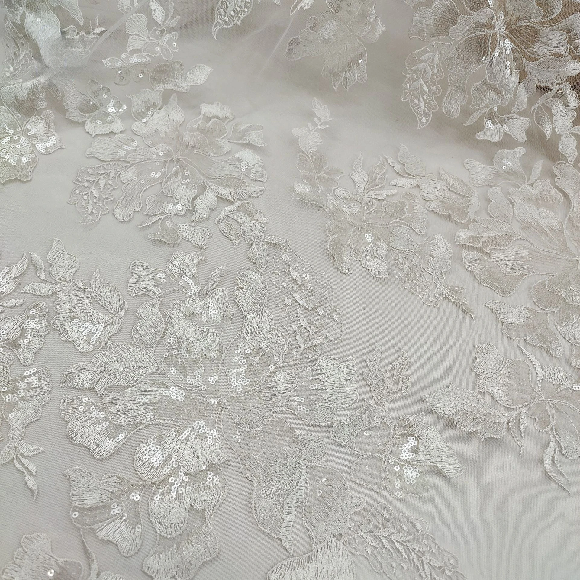 White Polyester Embroidered Mesh Sequins Irregular Wedding Dress Lace Fabric