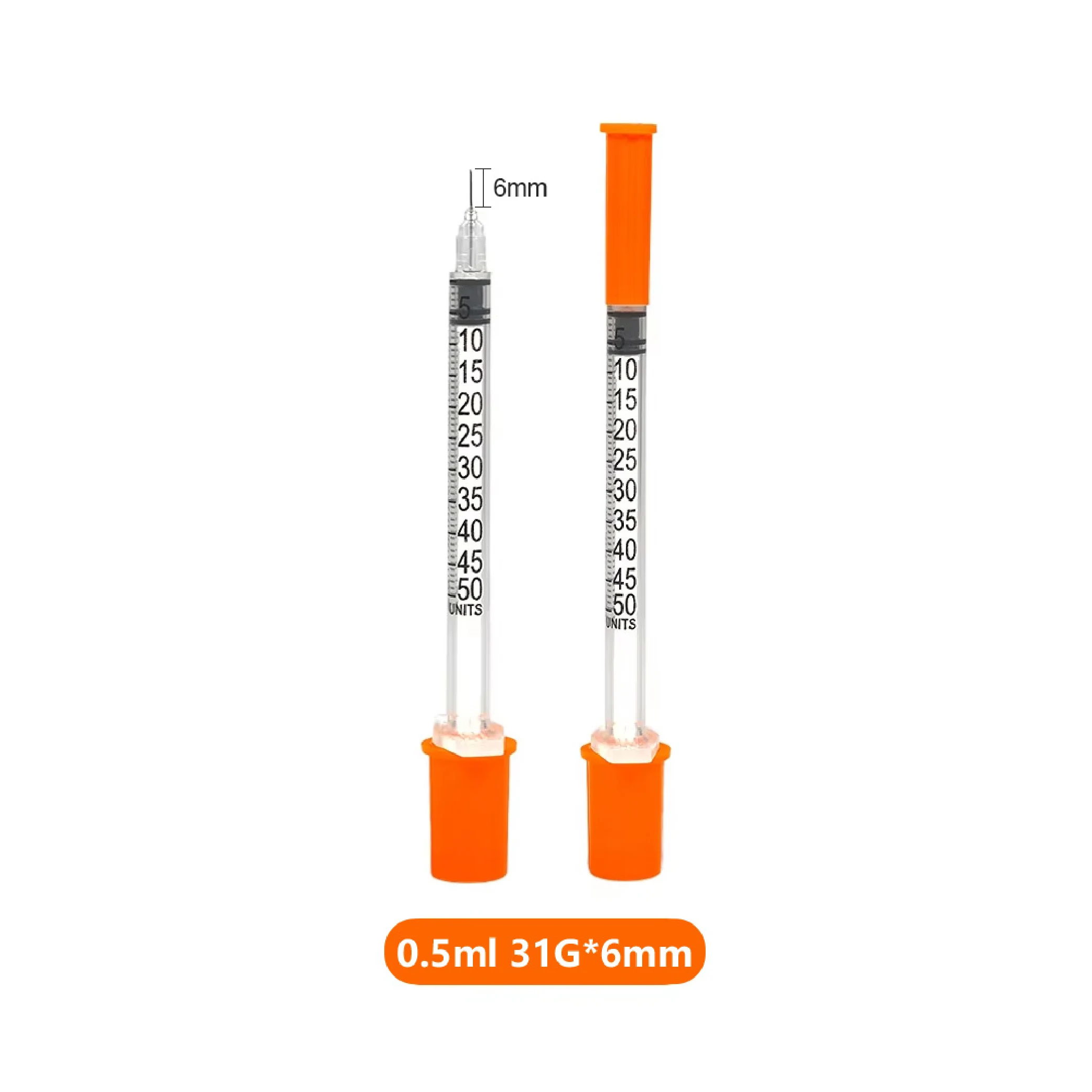 100pcs 0.5ml 31G 1/4 inch New Spec Sterile Manual Insulin Syringe With 6mm Needles Individually Wrapped for Pets Veterinary Use