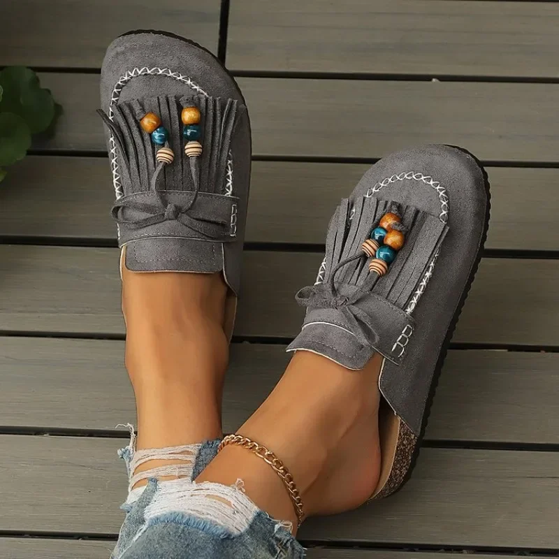 Damen Vintage Quasten-Wildleder-Clogs, Geschlossene Zehenpartie Korksohlen-Mules, Rutschfeste Slip-On-Hausschuhe für Innen- und Außenbereich Freizeitkleidung – Detail 6
