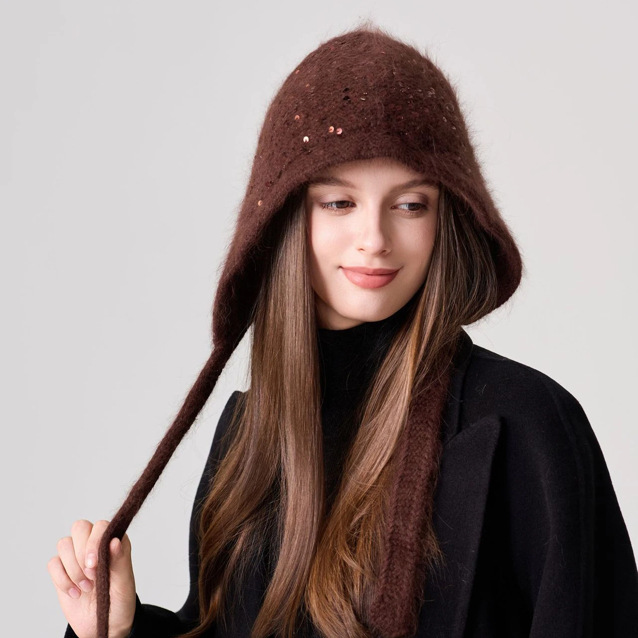 2026 New Rabbit Hair Sequined Knitted Hat Women's Winter Balaclava Korean Earflap Hat Ski Mask Sweet Beanie Ear Protection Hat