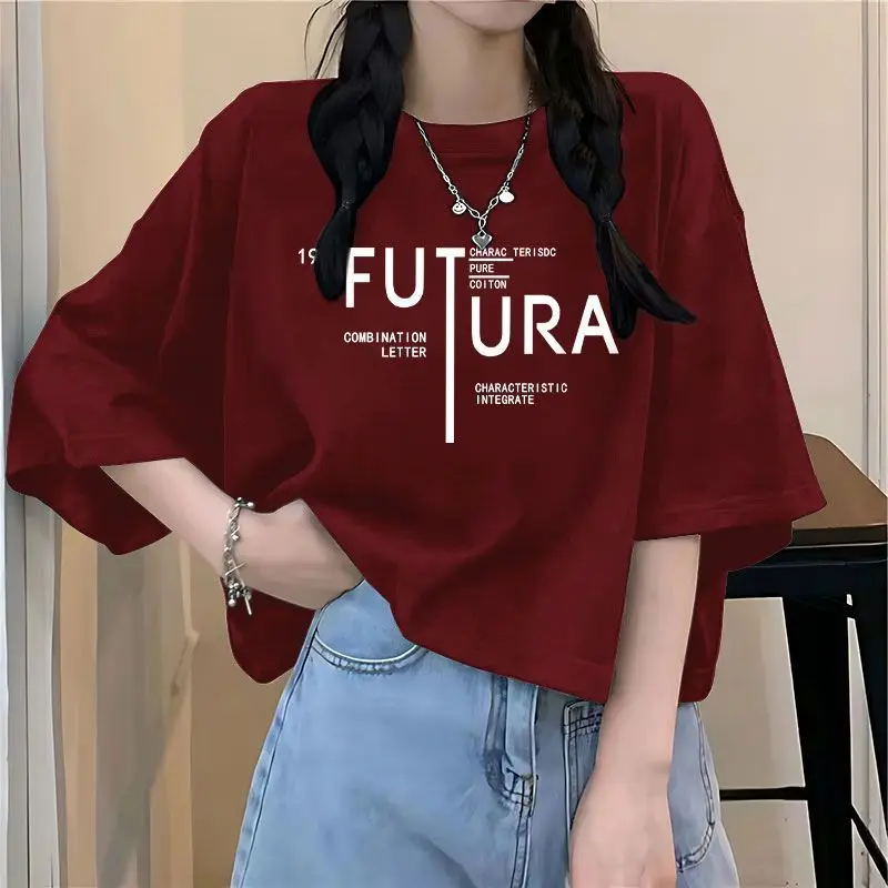 

Women's Summer Fashion Simplicity Red Letter Printing O-neck Short Sleeve T-Shirt Women Clothes All-match Casual Loose Tops