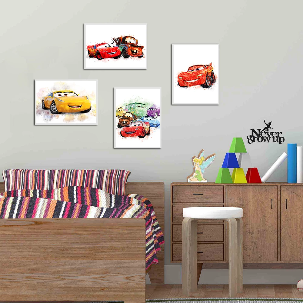 Disney Cars Movie Poster, Modern Watercolor Art, Canvas Painting Print, McQueen Picture, Home Room Wall Decor Cuadros Kids Gifts