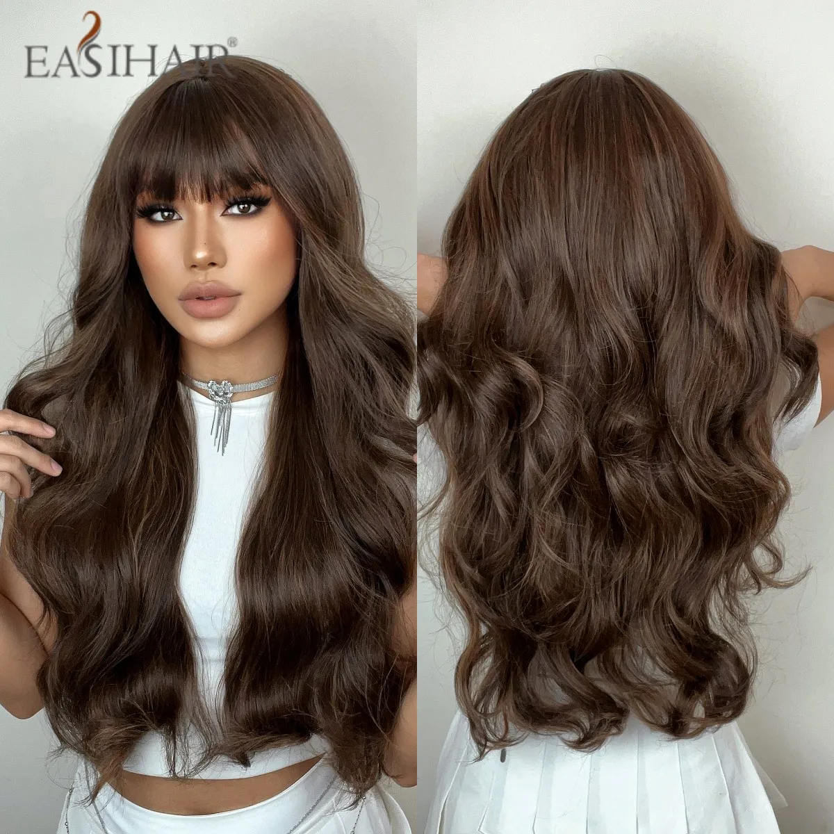 

EASIHAIR Dark Brown Synthetic Wigs Long Wavy Natural Hair Wigs with Bangs for Women Cosplay Lolita Wig Heat Resistant Fiber