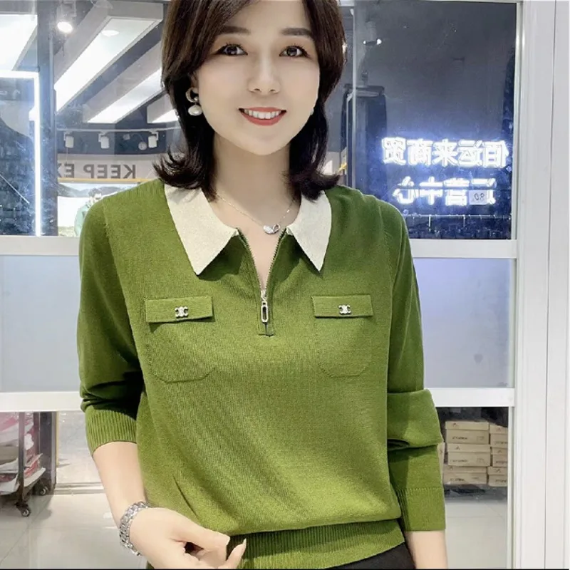 Lapel Temperament Women's Knitted Long-sleeved T-shirt for Women's Fashionable Age-reducing Base Top JJJ174
